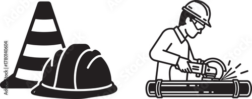Monochrome Construction Safety Elements and Worker Cutting Pipe Vector Illustration