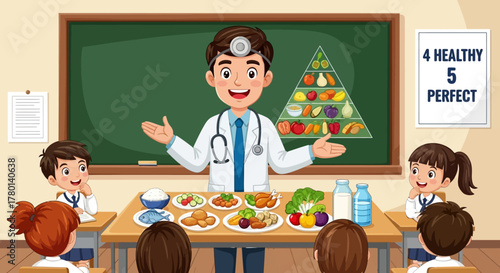 Doctor explaining healthy food to children in a classroom with a food pyramid.