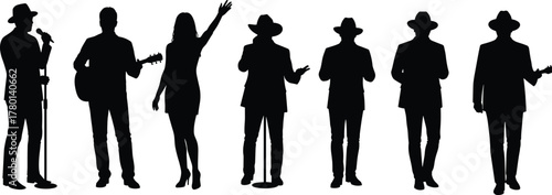 Silhouette of Diverse Performers in Expressive Poses – Vector Illustration for Music, Entertainment, and Stage Performance Themes