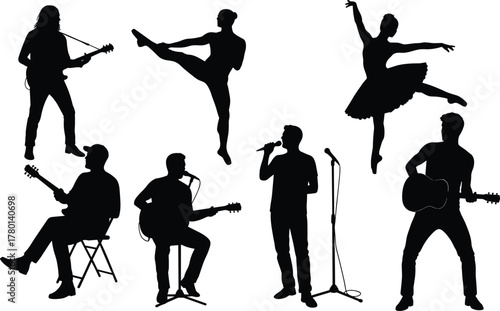 Silhouette of Musicians and Dancers Performing – Vector Illustration for Music, Dance, and Performing Arts Concepts