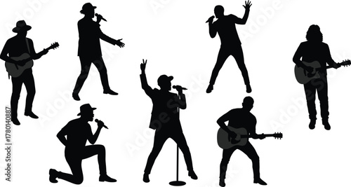 Silhouettes of Guitarists and Singers Performing Live Music on Stage in Dynamic Poses for Concert and Entertainment Themes