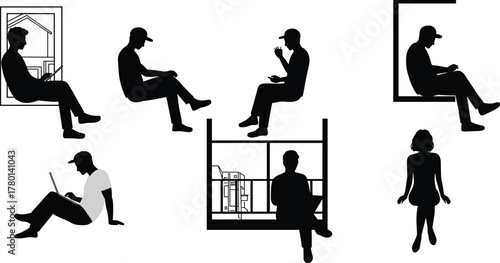 Silhouettes of People Seated in Various Everyday Poses Using Devices, Eating, and Relaxing for Lifestyle Concepts