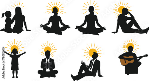 Silhouettes of People Engaged in Meditation, Reading, Music, and Bonding with Sunburst Halos for Mindfulness and Lifestyle Themes