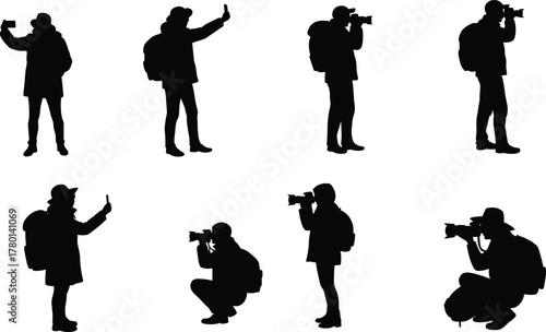 Silhouettes of Tourists and Photographers Taking Photos and Selfies with Cameras and Smartphones in Outdoor Travel Settings