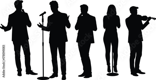 Silhouettes of Performers and Speakers in Various Poses Representing Public Speaking, Music, and Stage Presentation Concepts