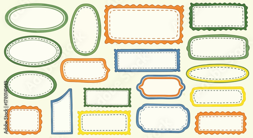 Assortment of colorful, decorative labels and frames with scalloped and stitched edges in various shapes and sizes, isolated on a