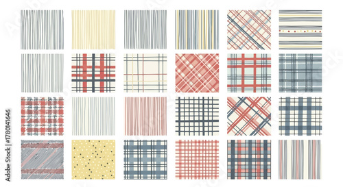 Collection of 25 seamless patterns with various line styles, including vertical stripes, plaid, and abstract textures, on a