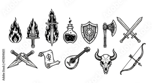 Fantasy and medieval weapon and item set, featuring swords, axes, shields, bows, scrolls, potions, and a skull, in a handdrawn sketch style with a black and white aesthetic