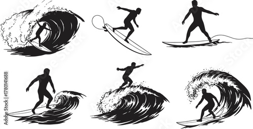 Vector illustration set of surfing silhouettes showing surfers riding ocean waves, performing tricks, catching barrels, and balancing on surfboards