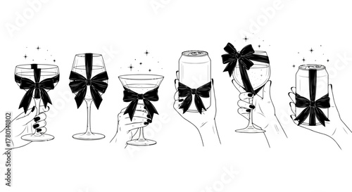 Collection of hands holding glasses and cans with bows and sparkles