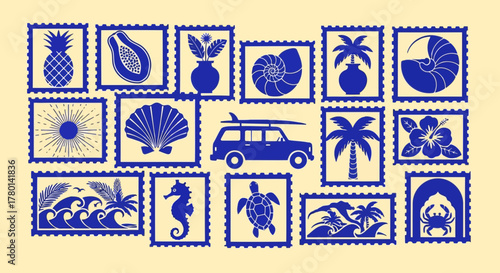 Collection of blue postage stamps featuring tropical and beach themes like pineapples, palm trees, surfboards, and sea creatures
