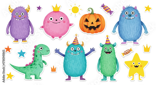 Collection of cute cartoon monsters and halloween pumpkin, dinosaur, star, and candy