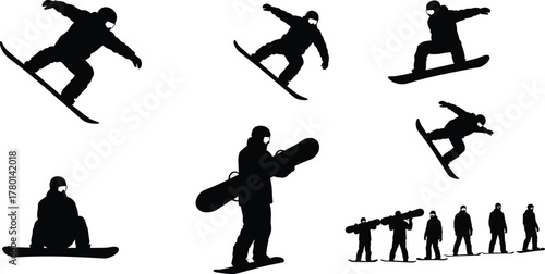 Vector set of snowboarding silhouettes showing snowboarders performing tricks, jumping, sitting, walking with boards, and riding in winter mountains
