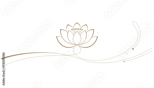 Elegant gold line art lotus flower with flowing curves and dots on white background golden illustration