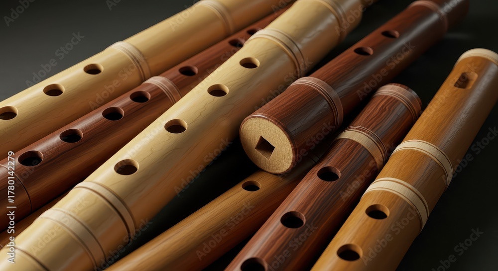 Naklejka premium Multiple wooden wind instruments with finger holes arranged closely together on a dark surface