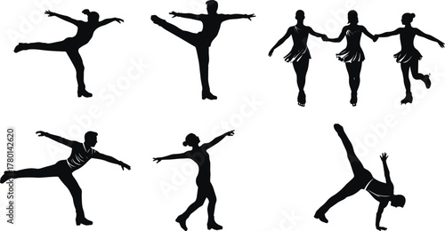 Vector silhouettes of figure skaters performing dance poses, spins, jumps, and pairs choreography on ice — winter sports illustration