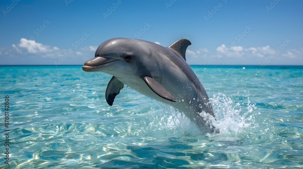 Fototapeta premium A dolphin with a sleek gray and shiny dolphin leaps out of the water, its sleek body glistening in the sunlight.