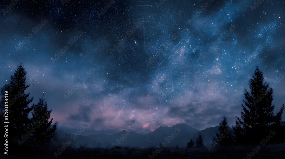 Fototapeta premium A dramatic twilight sky displays a cosmic ring pattern over silhouetted mountains and pine trees