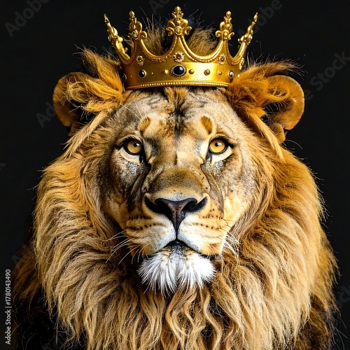 A majestic lion, adorned with a regal golden crown, gazes forward with a focused, authoritative expression. His mane is thick and golden, the background dark