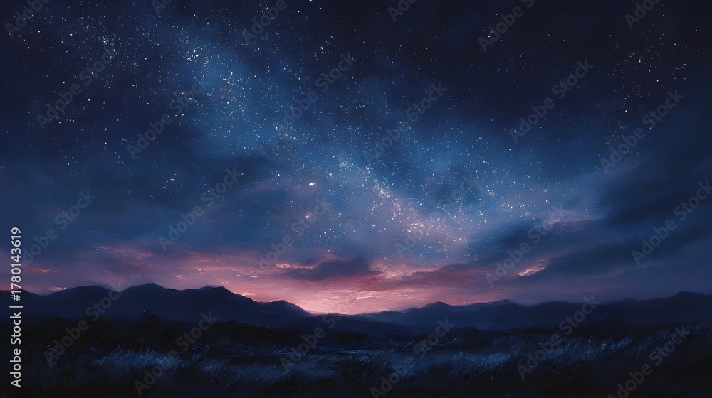 Obraz premium A majestic view of the Milky Way galaxy arching over a serene mountain landscape at twilight