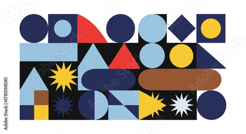 Geometric shapes in a colorful abstract composition, featuring circles, squares, triangles, and rectangles in various hues on a dark background.