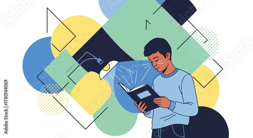 A young boy engrossed in reading a book, surrounded by abstract geometric shapes and colorful circles.