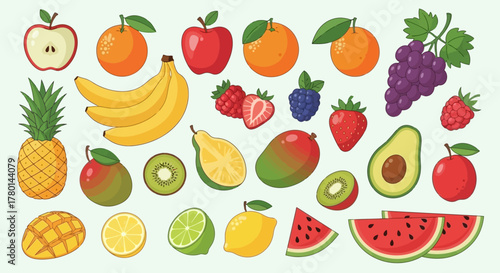 A vibrant collection of various fresh and healthy fruits including apples, bananas, oranges, berries, and tropical fruits, arranged on a light background.
