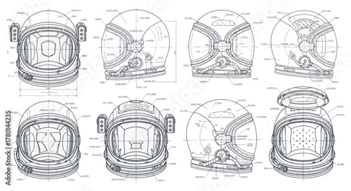 Blueprint illustrations showcasing various views and detailed components of an astronaut helmet.