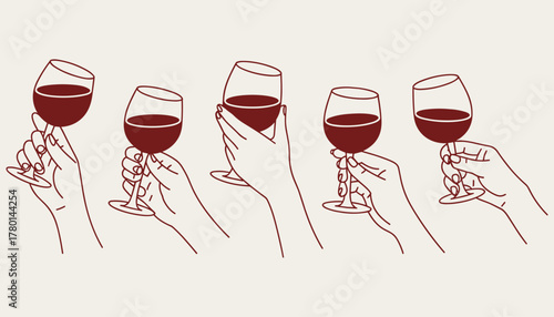 Five hands holding glasses of red wine in a simple line drawing illustration wine glass