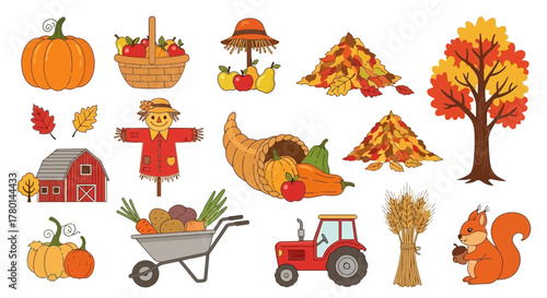 A vibrant collection of autumn and harvest-themed illustrations, including pumpkins, a scarecrow, a barn, a tractor, a cornucopia, fall leaves, and a squirrel.