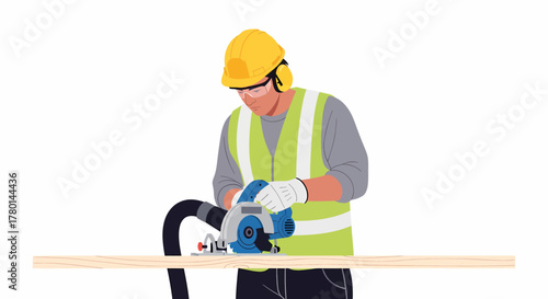 A construction worker wearing safety gear uses a circular saw to cut wood.