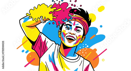 A joyful person is covered in vibrant colored powder during a festival celebration.