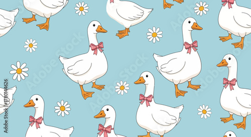 A charming seamless pattern featuring adorable white geese adorned with pink bows, scattered amongst delicate white daisies on a soft blue background.