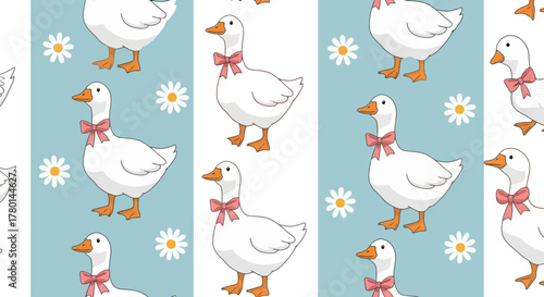 Seamless pattern with cute white geese wearing pink bows and white daisy flowers on a striped background.