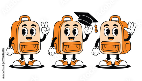 Three cartoon backpacks with faces and limbs in vintage style one wearing a graduation cap character