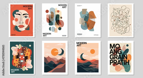 Collection of eight modern art posters featuring abstract shapes, faces, and landscapes in various colors.