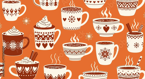 Cozy seamless pattern featuring cute, decorated mugs of hot chocolate, coffee, and tea with winter ornaments on an orange background.