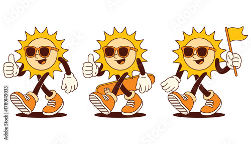 Cartoon sun characters with sunglasses giving thumbs up riding skateboard and holding flag vector