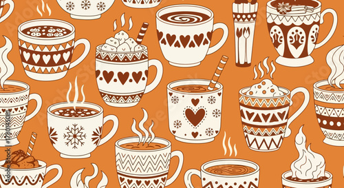 A charming collection of hot beverages in decorative mugs, perfect for a cozy autumn or winter day.