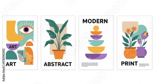 Four abstract art prints featuring geometric shapes, plants, and the word 'modern'.