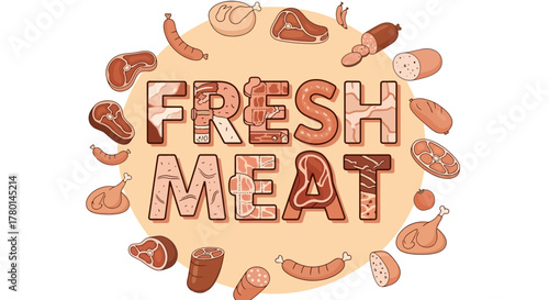 A circular arrangement of various fresh meat products surrounding the words "FRESH MEAT" in the center.