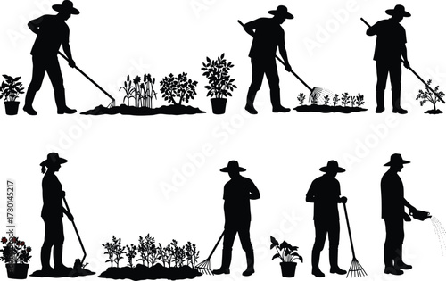 Silhouette set of farmers working in garden, people planting, watering, and harvesting plants, agricultural labor vector illustration, rural gardening concept designv
