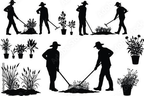 Silhouette set of farmers working in garden, people cultivating plants and soil, agriculture labor vector illustration, rural gardening and farming concept