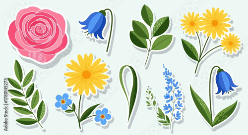 Colorful Floral Stickers Collection with Rose, Daisy, and Bluebell Illustrations