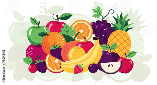 A colorful illustration of a variety of fruits, including apples, oranges, bananas, grapes, and pineapple, arranged in a vibrant and appealing composition.