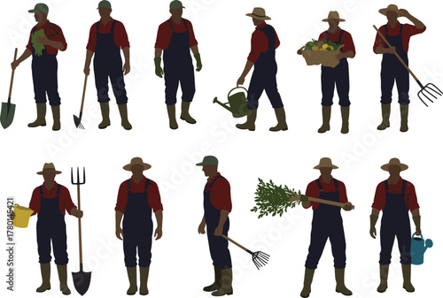 Vector illustration of farmers in overalls working with tools and vegetables, agriculture workers gardening, harvesting crops, watering plants, and cultivating farmland