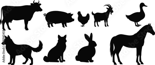 Silhouettes of various farm animals including cow, pig, chicken, goat, duck, dog, rabbit, and horse in vector illustration style, black and white."