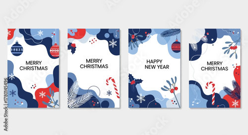 Set of Christmas and New Year greeting cards with abstract shapes and festive elements in red, white, and blue.
