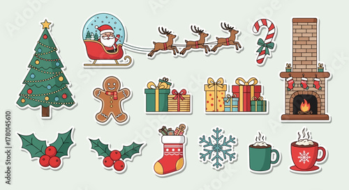 Christmas themed sticker sheet with tree, Santa, reindeer, gifts, fireplace, gingerbread man, holly, stocking, snowflake, and hot chocolate.