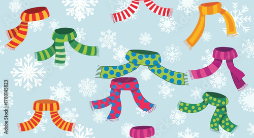 Illustration of colorful scarves on a light blue background with snowflakes.